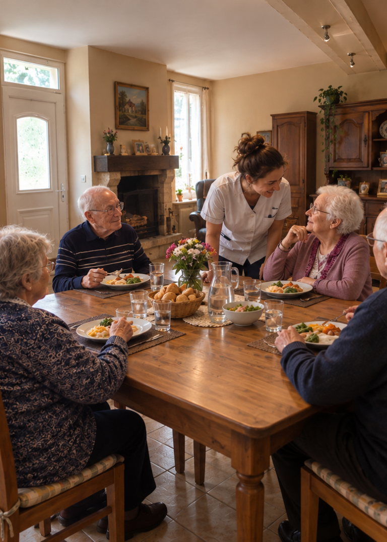 Repas au sein de la Villa Eugénie & Henry Séniors en maison partagée, attablés autour d'une table pour le repas. une assistante de vie partage une discussion avec une personne âgée.