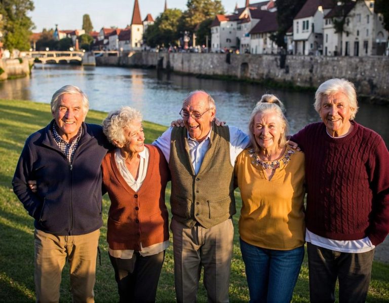 Moments de vie et de plaisir à la Villa Eugénie & Henry Groupe de 5 séniors partageant un moment de vie en commun en sortie au bord de la Garonne.