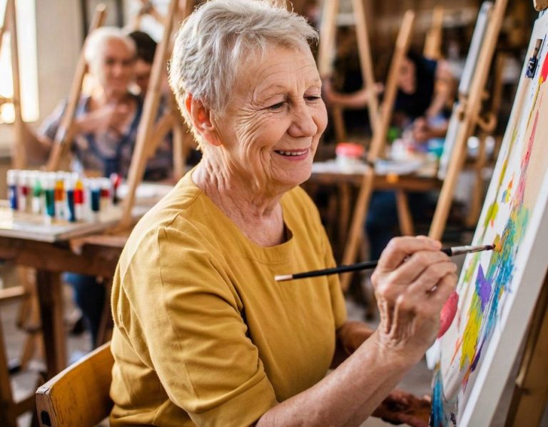 Ateliers et Activités au quotidien à la Villa Eugénie & Henry Une sénior peint sur une toile dans un atelier lors d'une activité commune organisée par la maison partagée.